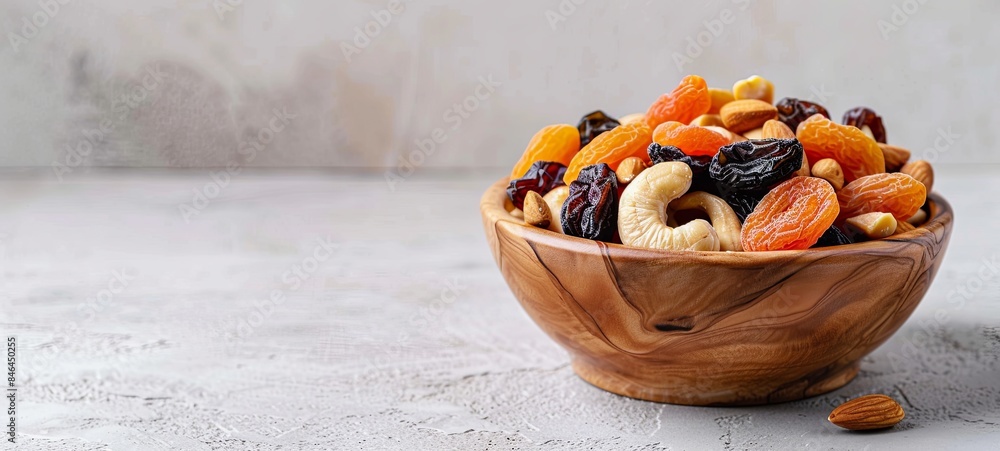 Wall mural Dried fruits and nuts on a beige ceramic table. Mixture of nuts, apricots and raisins in a wooden bowl. Copy space.  - Wall murals