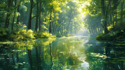 A serene river in the forest, reflecting lush greenery and sunlight filtering through tall trees, creating an atmosphere of tranquility and natural beauty.