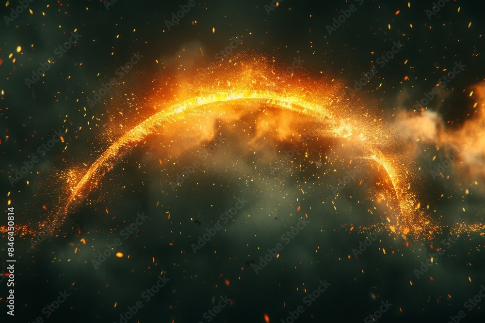 Poster abstract fiery rainbow arch in a digital landscape, creating a dynamic and high energy visual with a