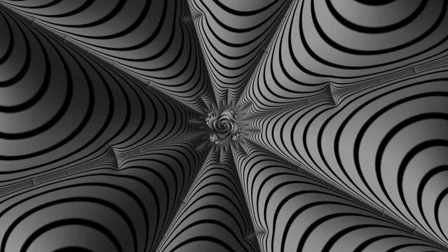 A 4K video showcases a journey through a complex monochrome fractal pattern with intricate details, using a pseudo 3D visualization style