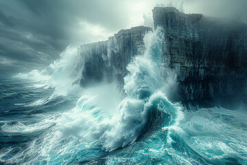 A giant wave crashing against a sturdy cliff. Concept of force vs. resistance. Generative Ai.