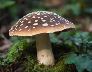 Un fungo solitario cresce in mezzo a un tappeto di foglie verdi e umide.