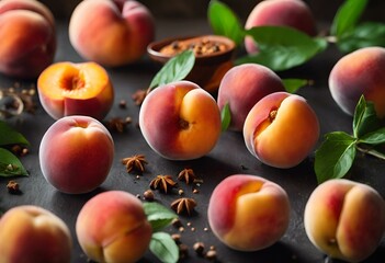 a bunch of small peaches on a table with green leaves