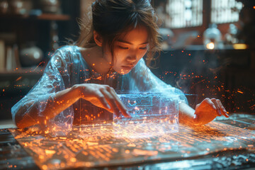 A holographic display appearing over a handwritten letter. Concept of digital vs. analog. Generative Ai.