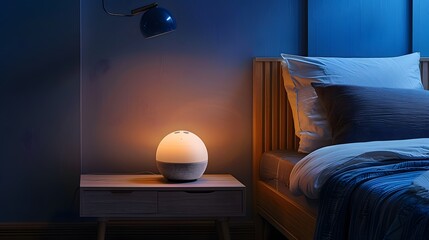 A sleek, round grey and white smart speaker sitting on top of an evening table next to the bed in a dark blue bedroom. The nightstand is illuminated by warm light from a lamp.