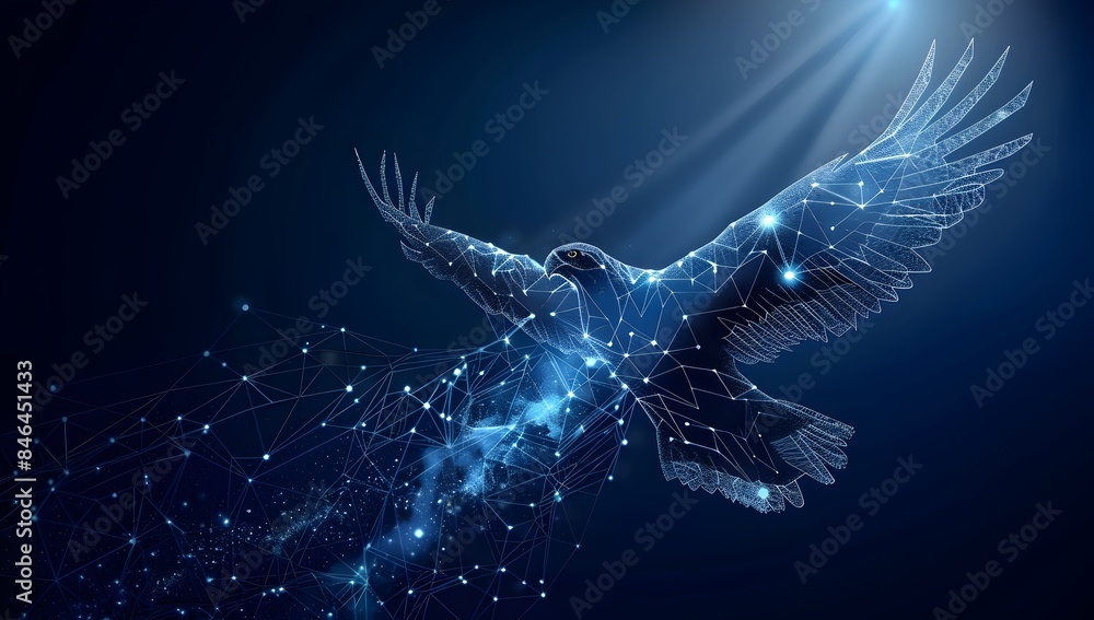 Poster a digital art illustration of an eagle soaring in the sky, composed entirely from interconnected geo