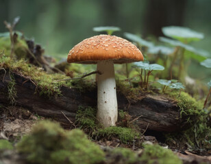 Fototapeta premium Un fungo solitario cresce in una radura ombreggiata, circondato da piante.