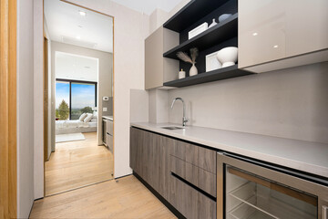Contemporary kitchen with sink, shelves, and a tall mirror