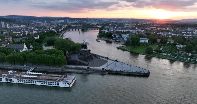 Deutsche Eck in Koblenz, Germany, where the Rhine and Moselle rivers converge.