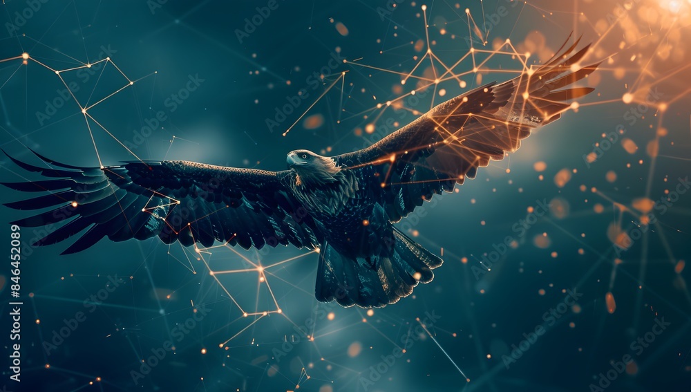 Poster a digital art of an eagle soaring in the sky, composed entirely from interconnected geometric shapes