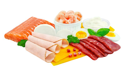 Proteinreiche Nahrungsmittel mit Fleisch, Käse, Ei, Fisch und Shrimps  Hintergrund transparent PNG...