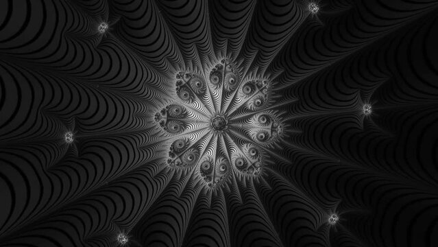 A 4K video showcases a journey through a complex monochrome fractal pattern with intricate details, using a pseudo 3D visualization style