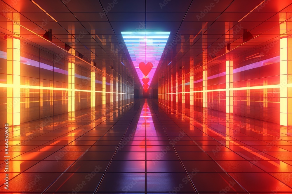 Poster neon heart light in a futuristic hallway, creating a vibrant and high tech visual with dynamic light