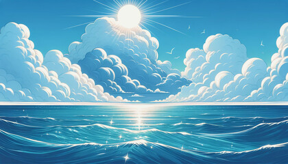 夏の雲と海　背景、壁紙　（ AI生成画像 ）