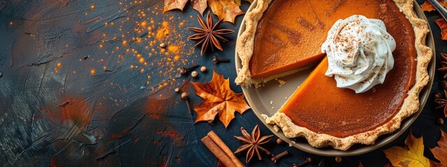 Traditional handmade pumpkin pie for a whipped cream dessert. and spices, free space