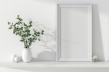 A white picture frame sits on a shelf against a white wall background. A green plant sits in a vase
