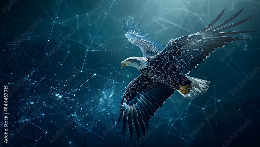Poster a digital art of an eagle soaring in the sky, composed entirely from interconnected geometric shapes