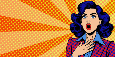 Surprised woman with open mouth and wide eyes looking at something. Banner template with copy space for text for advertisement, sales, discount. Retro pop art comic style