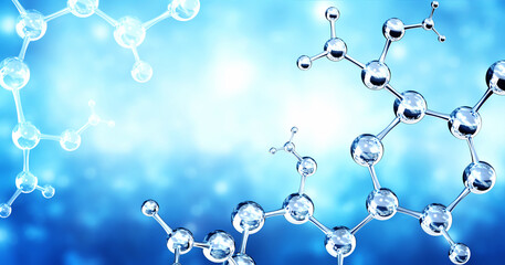 Horizontal banner with model of abstract molecular structure. Background of blue color with glass atom model. Copy space for your text. 3d render