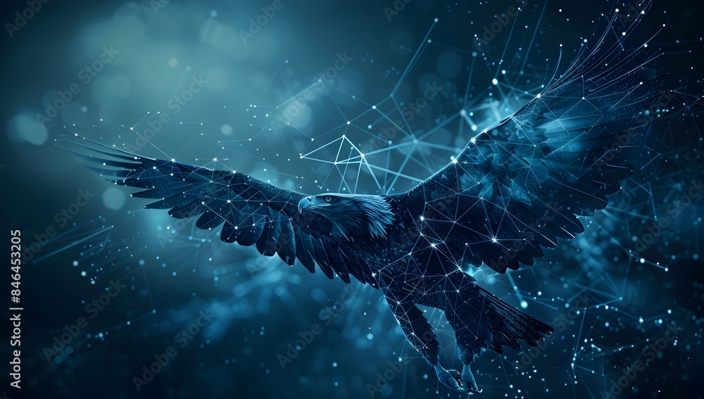 Poster a digital art of an eagle soaring in the sky, composed entirely from interconnected geometric shapes