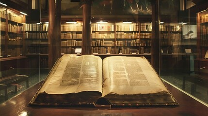 AI generated illustration of an old book showcased in a museum