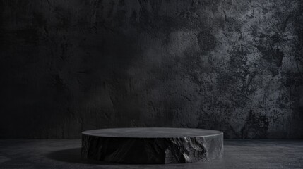 Black stone Podium background. Black Concrete Material place for the product Display Presentation. Kitchen, cosmetics, jewellery podium advertising mockup photography in luxury style.