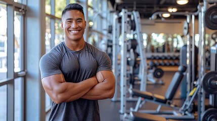 Fototapeta premium Confident Young Pacific Islander Male Fitness Trainer Smiling in Modern Gym Environment