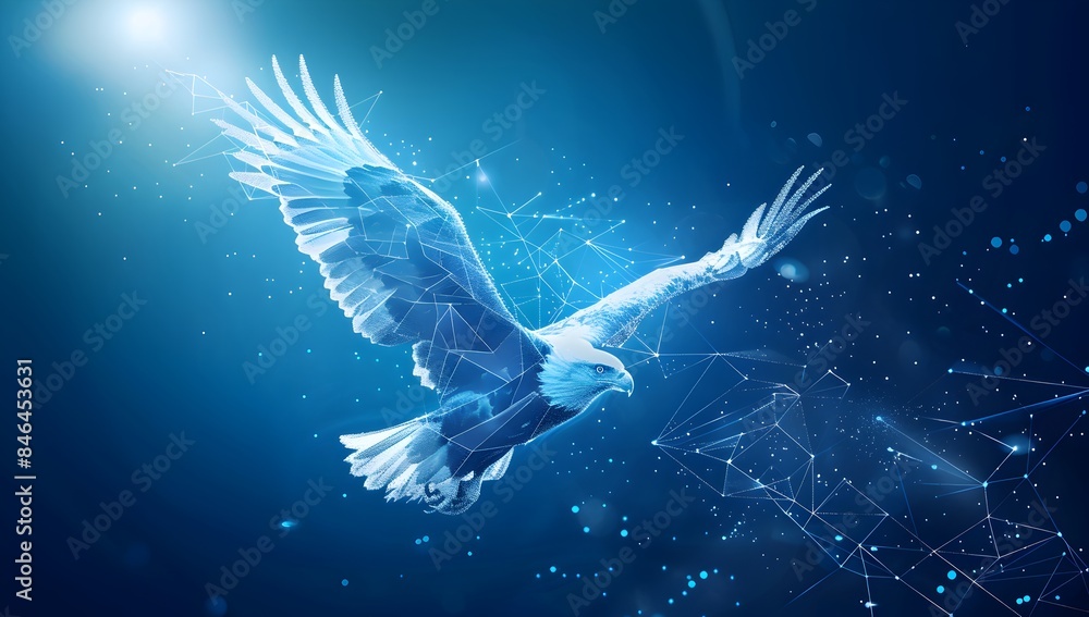 Poster a white eagle soaring in the air, blue background with lines and dots connecting to form an abstract