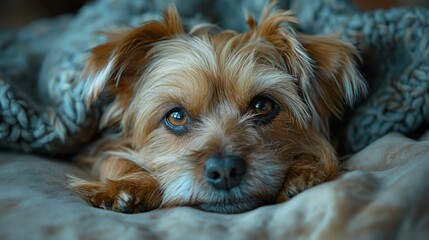 AI generated illustration of an adorable brown dog snuggled under covers on a bed with a blanket
