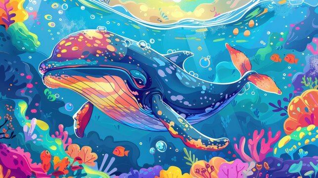 A cartoon featuring a cheerful whale swimming through colorful oceans