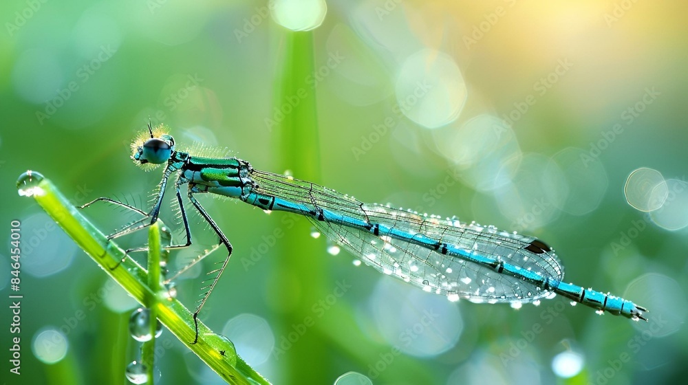 Sticker a close up of a blue dragonfly with raindrops