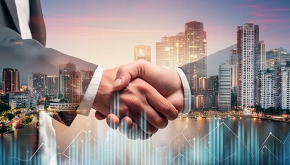 Double exposure of financial chart on cityscape background with two businessmen handshake. Concept of financial analysis and investment opportunities