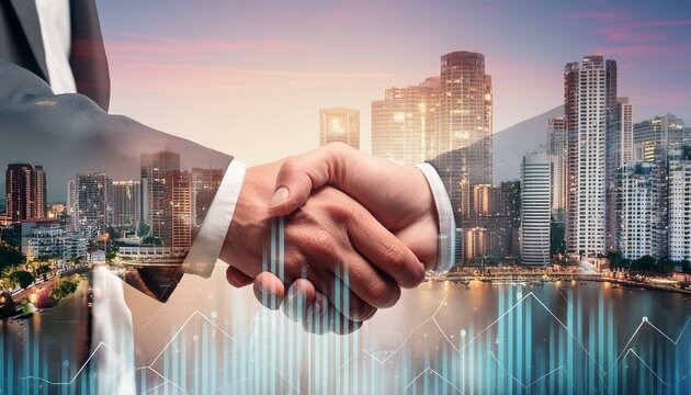 Double exposure of financial chart on cityscape background with two businessmen handshake. Concept of financial analysis and investment opportunities