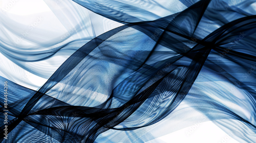Poster overlapping translucent blue waves and curves against a white background, digitally generated with g