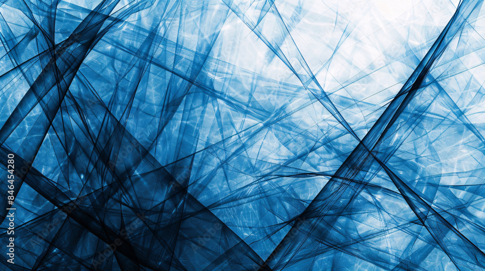 Poster abstract design with overlapping lines and shapes in blue, creating a dynamic, textured visual effec