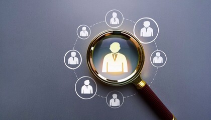 Concept of investigation, research, analysis, recrutation. Wooden figurines and magnifying glass