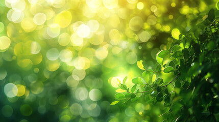 Fototapeta premium Blurry nature green leaves with bokeh lights, abstract background, nature concept. Background with copy space