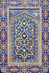 Vertical background with detail of ancient mosaic walls with floral and geometric ornament....