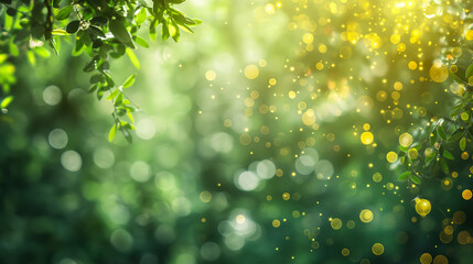 Obraz premium Sunlight filters through green leaves, creating a sparkling bokeh effect in a serene forest, nature concept. Background with copy space