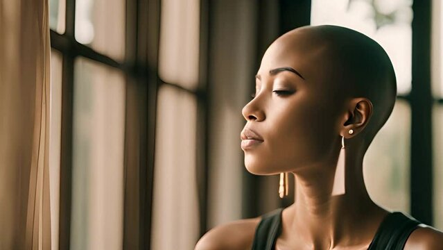 Bald black woman meditating. Happy african american female with shaved head practicing wellness yoga & meditation. Alopecia awareness hair loss