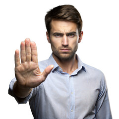 Serious man making stop gesture on transparent background