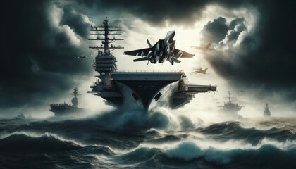 Fototapeta na wymiar Dramatic Military Aircraft Carrier with Fighter Jet in Stormy Seas