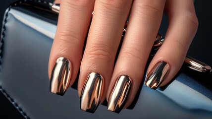 Woman's hand with metallic nails holding a sleek clutch