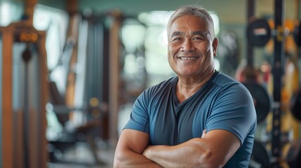 Fototapeta premium Elderly Pacific Islander Male Fitness Trainer Smiling in Gym Setting, Promoting Active Lifestyle and Wellness