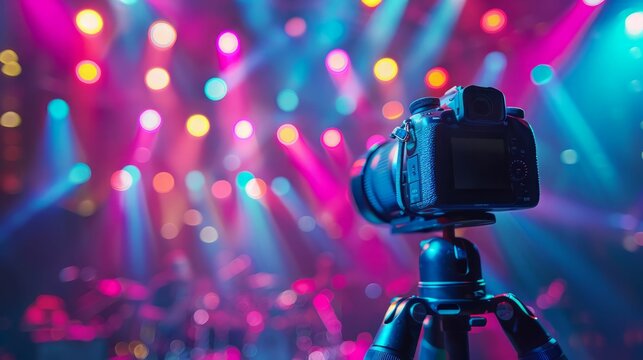 Camera on tripod with blurred stage lights in the background. - Powered by Adobe