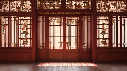 Generative AI. Indulge in Eastern luxury with this magnificent Chinese-style room. The rich wooden...