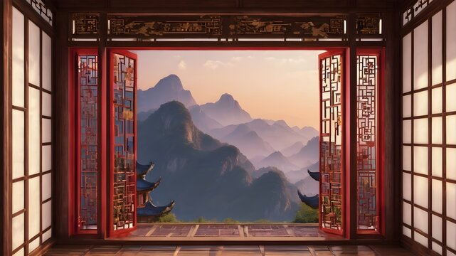 Fototapeta Generative AI. Indulge in Eastern luxury with this magnificent Chinese-style room. The rich wooden doors and windows exude a sense of grandeur, while the intricate design pays homage to ancient crafts