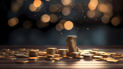 Stack of gold coins with bokeh background