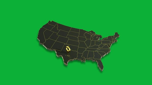 3D animation of USA map highlighting Texas state on green screen background, United states of America	