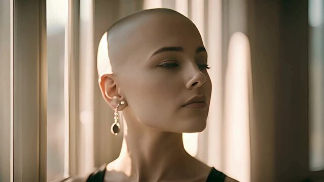 Bald woman meditating. Happy female with shaved head practicing wellness yoga & meditation. Alopecia awareness hair loss